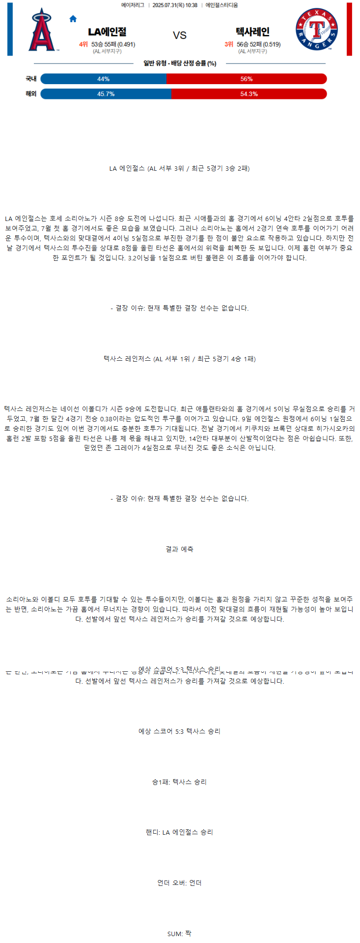 2025년 07월 31일 LA에인절스 텍사스 미국야구 분석 및 중계 올스티비