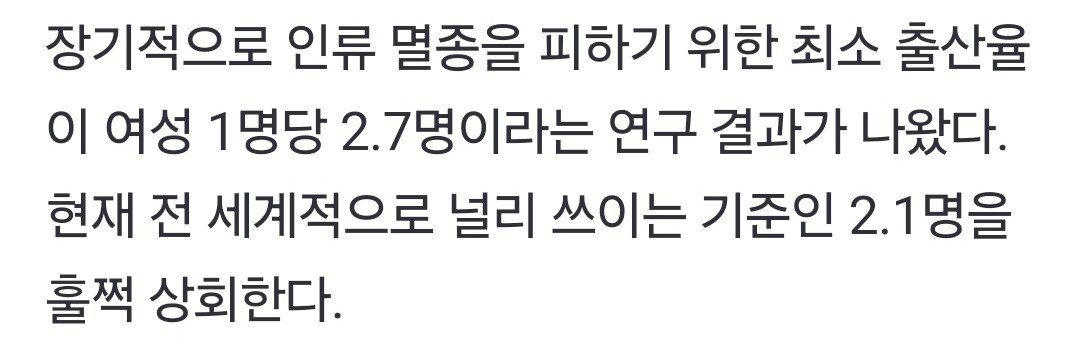 인류 멸종 막는 최소 출산율은 여성 1명당 2.7명