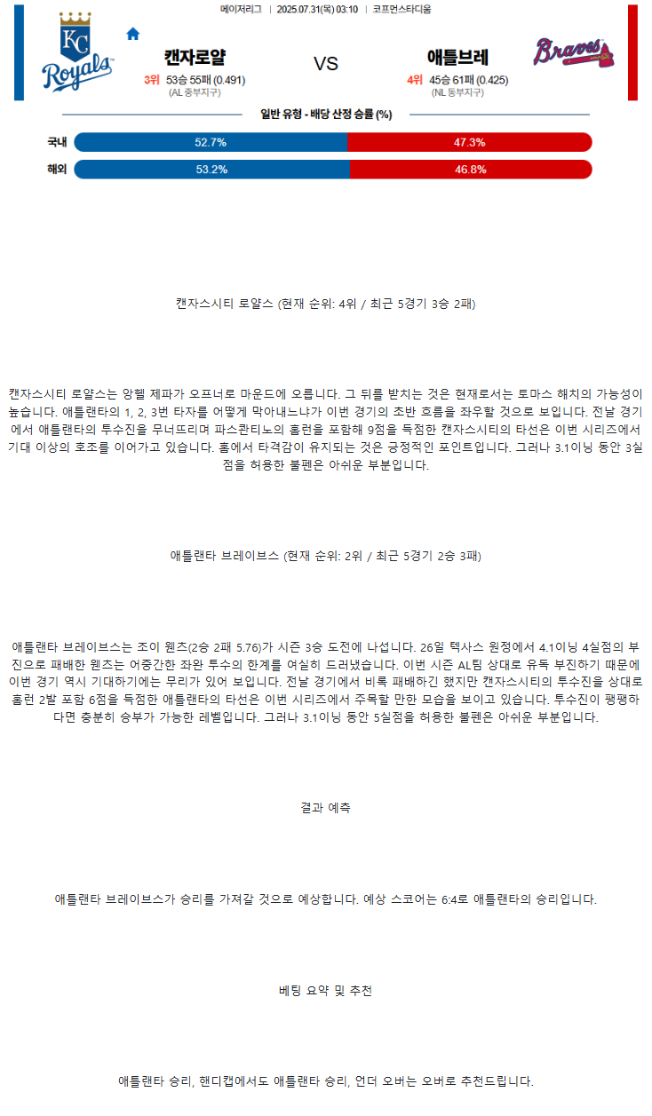 2025년 07월 31일 캔자스시티 애틀랜타 미국야구 분석 및 중계 올스티비