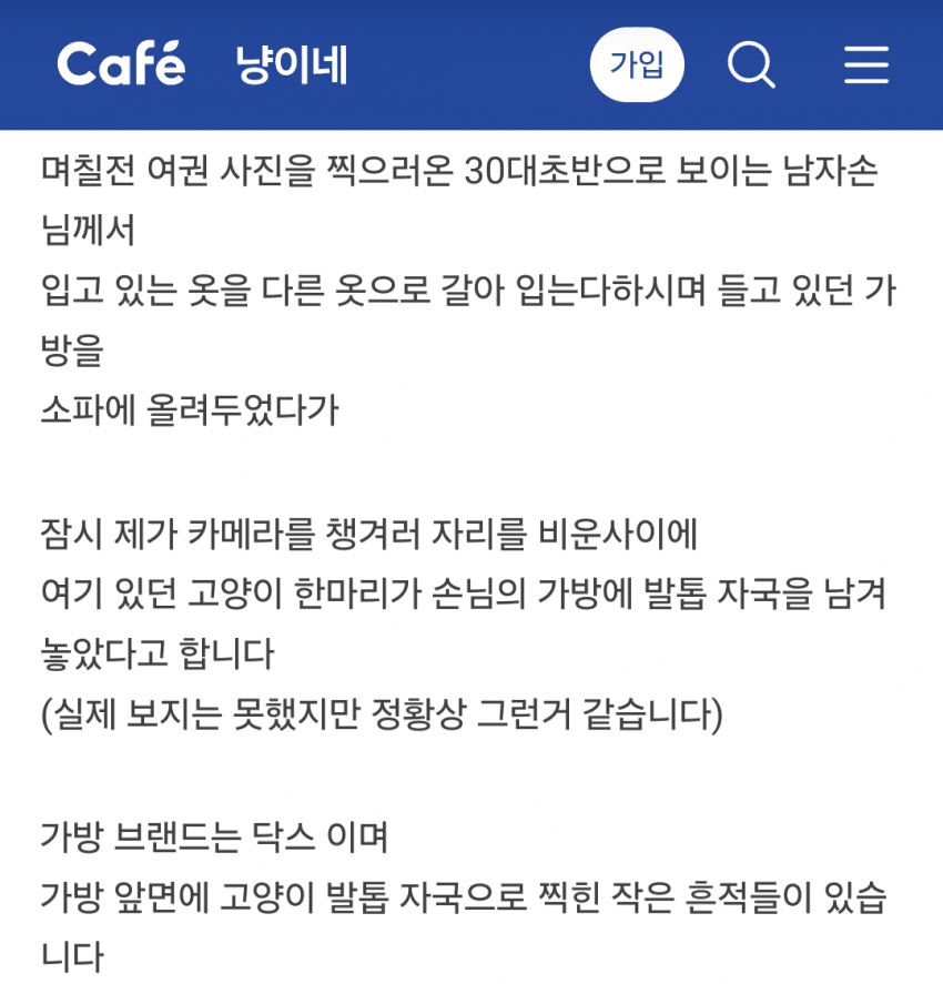 고양이가 가방을 긁었는데 손해배상 관련