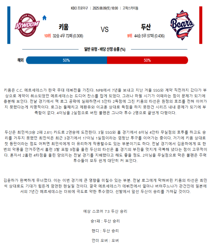 2025년 08월 09일 키움 두산 한국야구 중계 및 분석 올스티비
