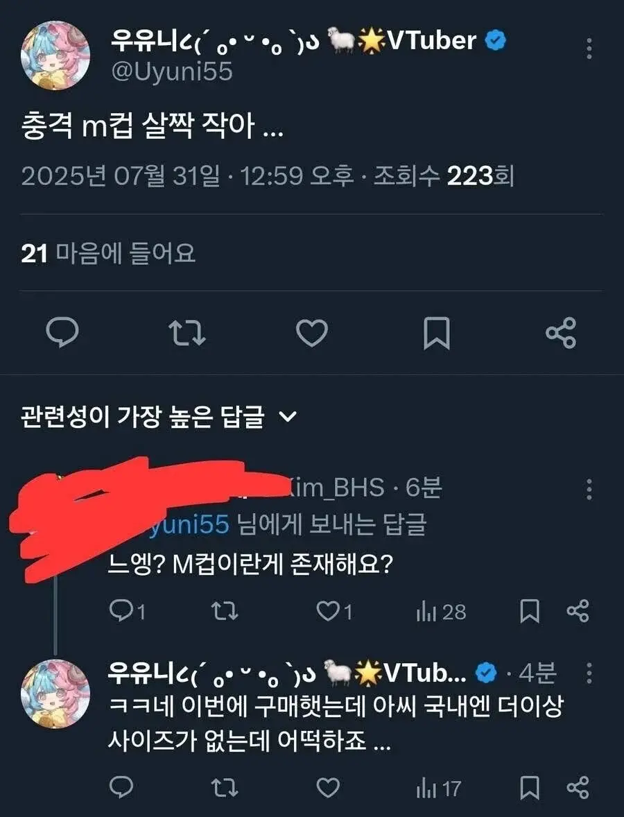 M컵을 인증한 버튜버