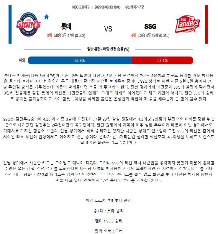 2025년 08월 09일 롯데 SSG 한국야구 중계 및 분석 올스티비