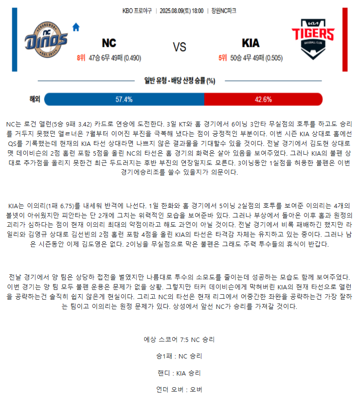 2025년 08월 09일 NC KIA 국내야구 중계 및 분석 올스티비