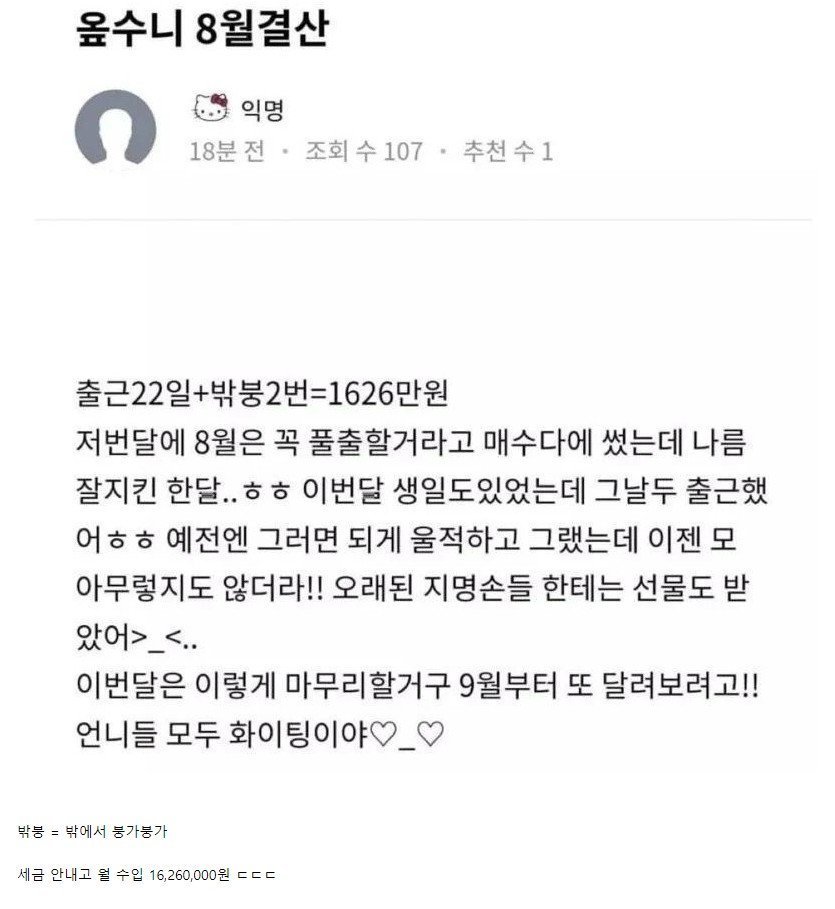 오피녀 한달 수입 결산