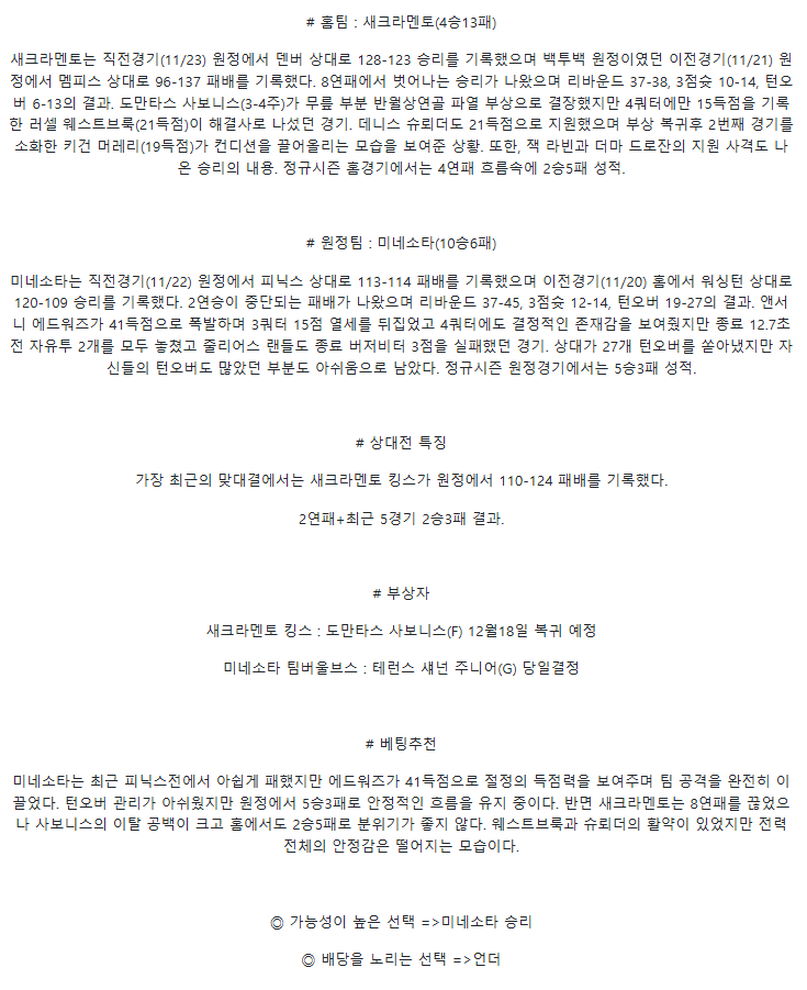 2025년 11월 25일 새크라멘토 미네소타 해외농구 분석 및 중계 올스티비
