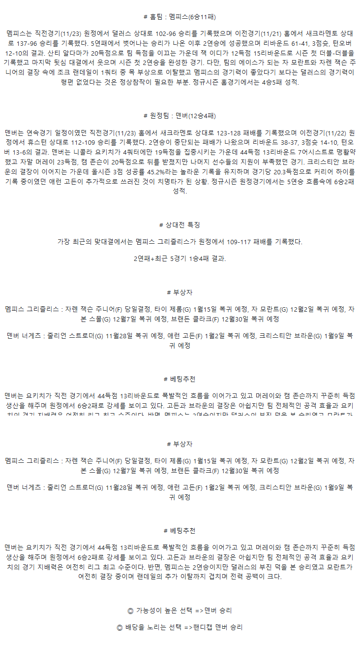 2025년 11월 25일 멤피스 덴버 미국농구 중계 및 분석 올스티비