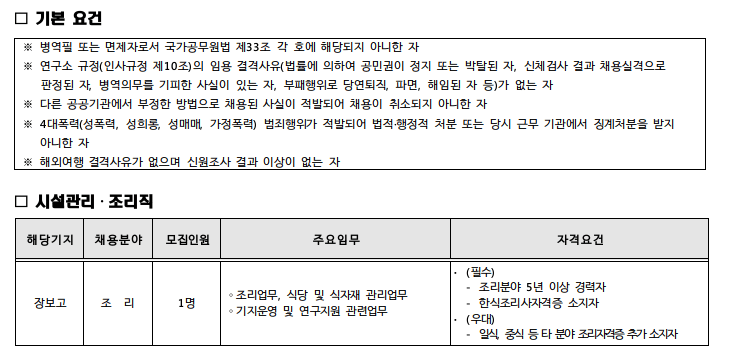 남극 과학기지 조리직 모집 자격요건