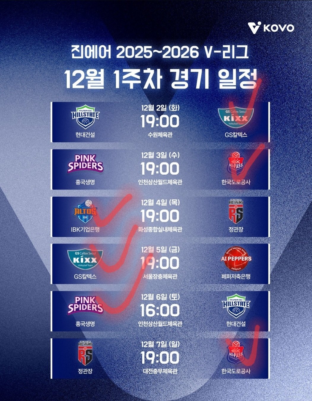 12월 첫째주 남녀 배구 일정