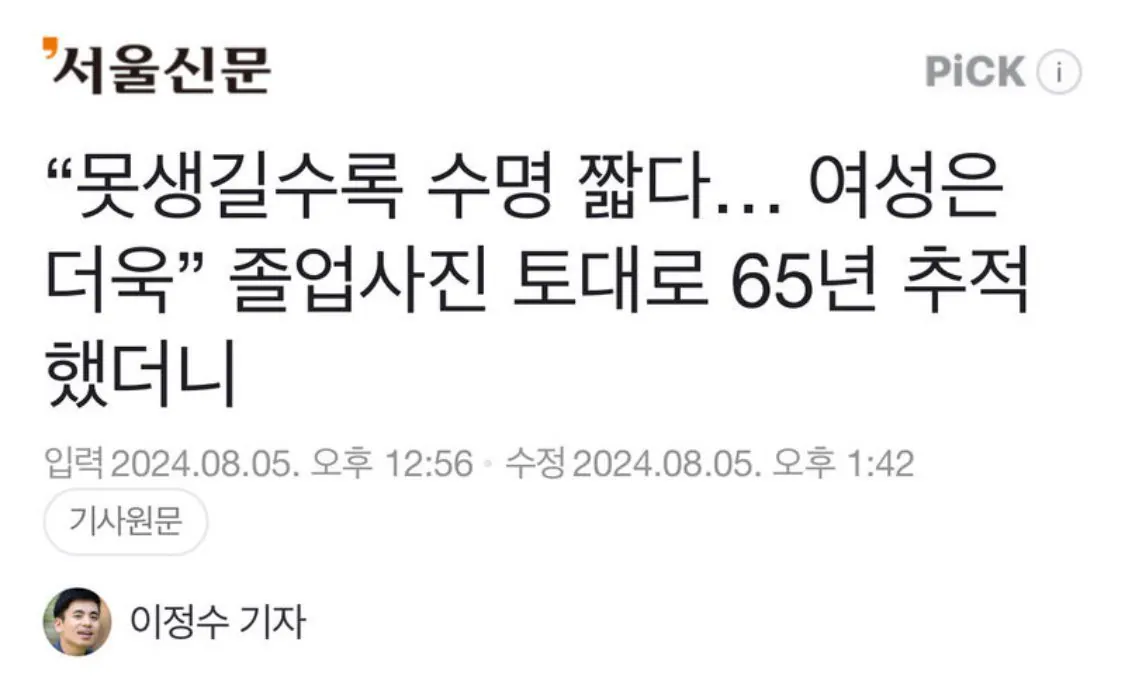 못생길수록 수명 짧다...잘생긴 경우는 평균과 수명 차이 없어...