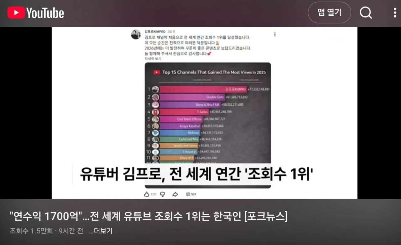 유튜브 전 세계 조회수 1위 주인공은 한국인이였다