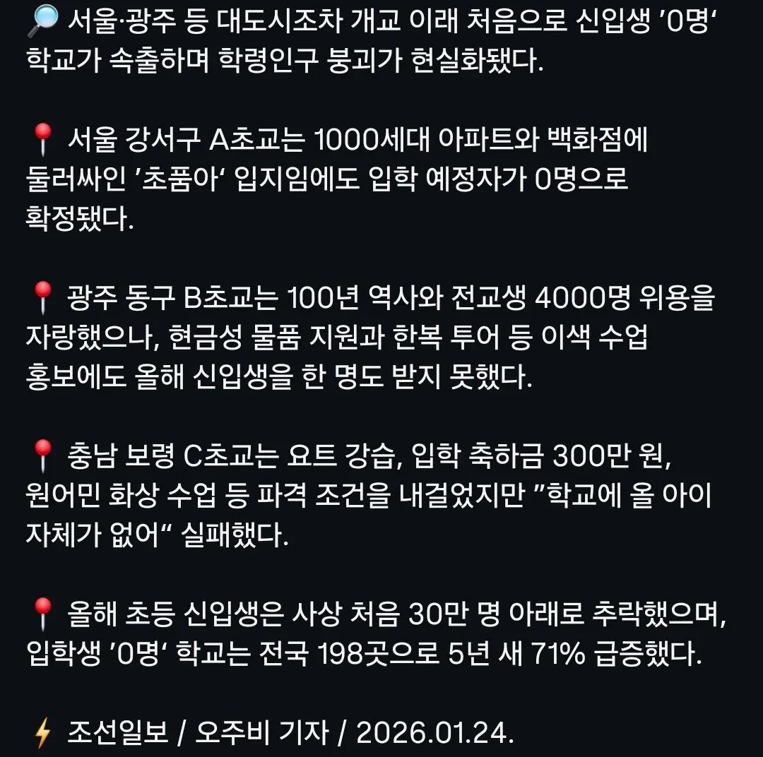서울 올해 A초등학교 신입생 0명