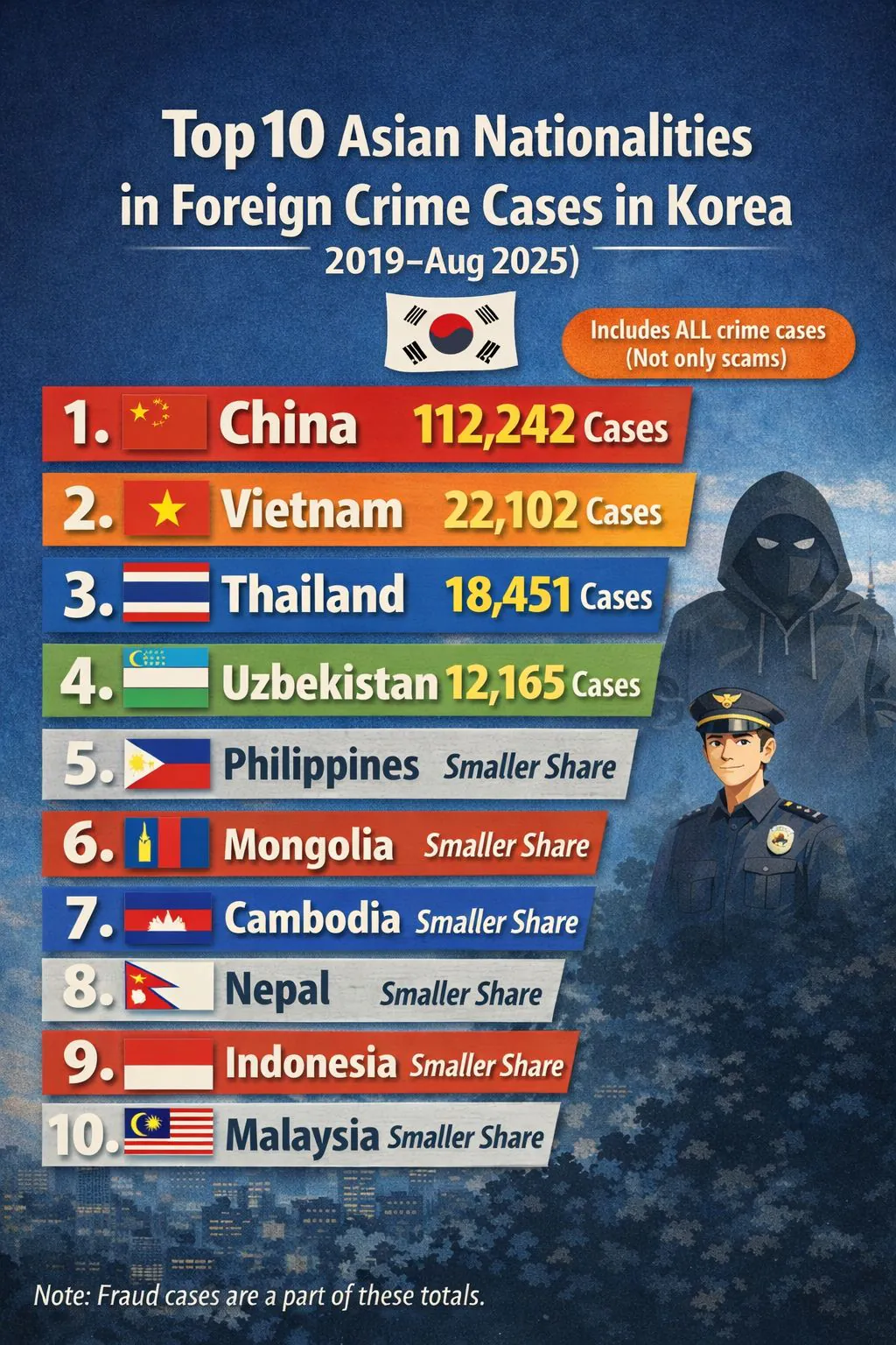 2019~2025 국내 외국인 범죄건수 많은 국가별 순위