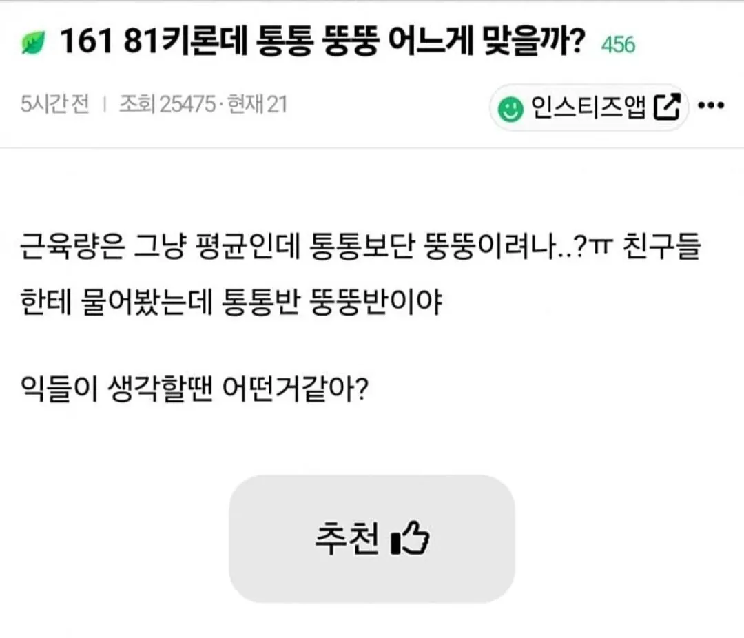 161 81키론데 통통 뚱뚱 어느게 맞을까??